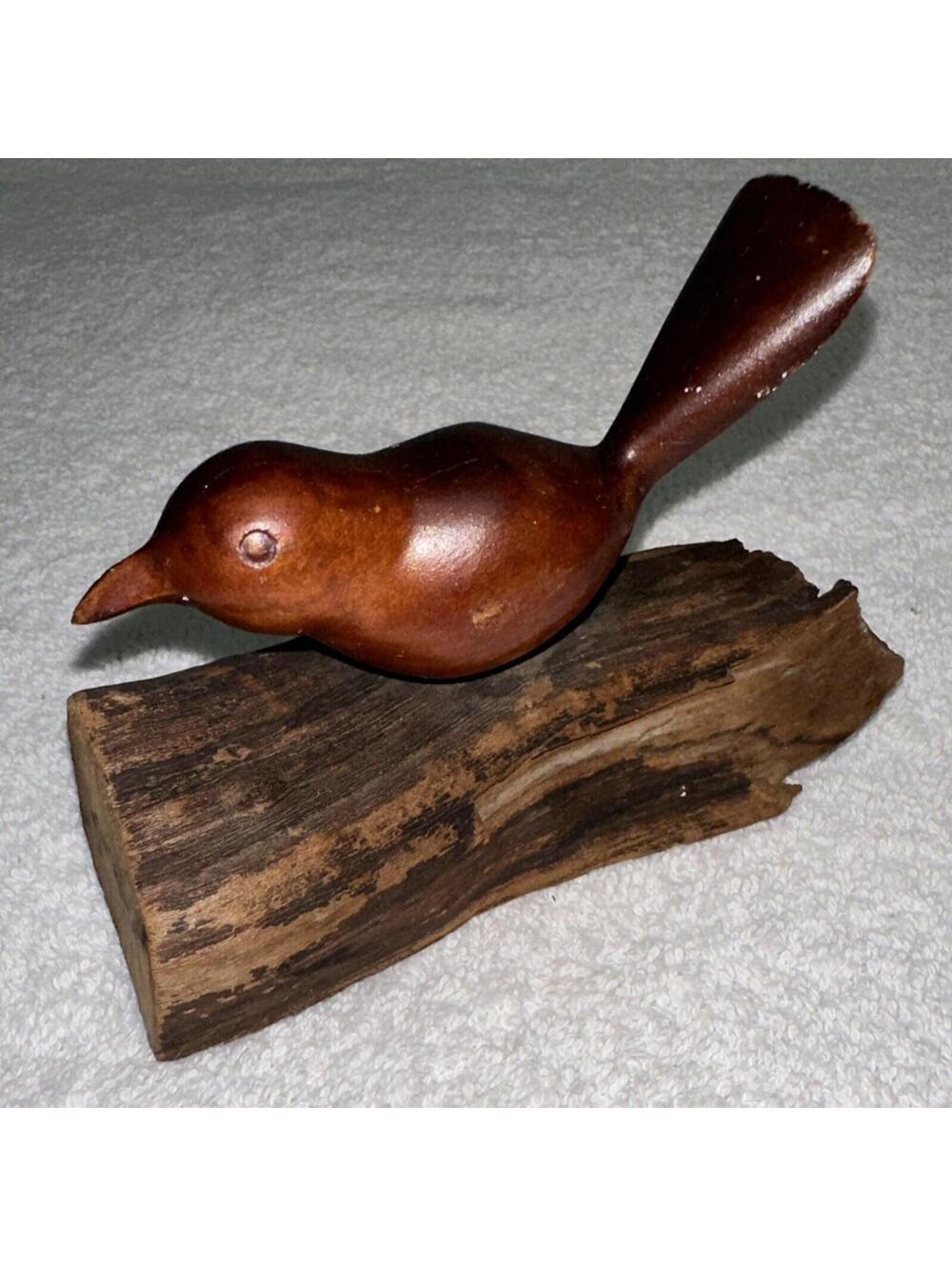 Hand Carved Wood Bird Perched On A Log Vintage Teak Wood Shows Character Aged